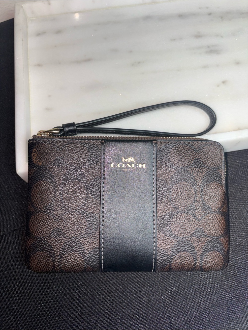 COACH Brown Signature C Wristlet with Black Trim